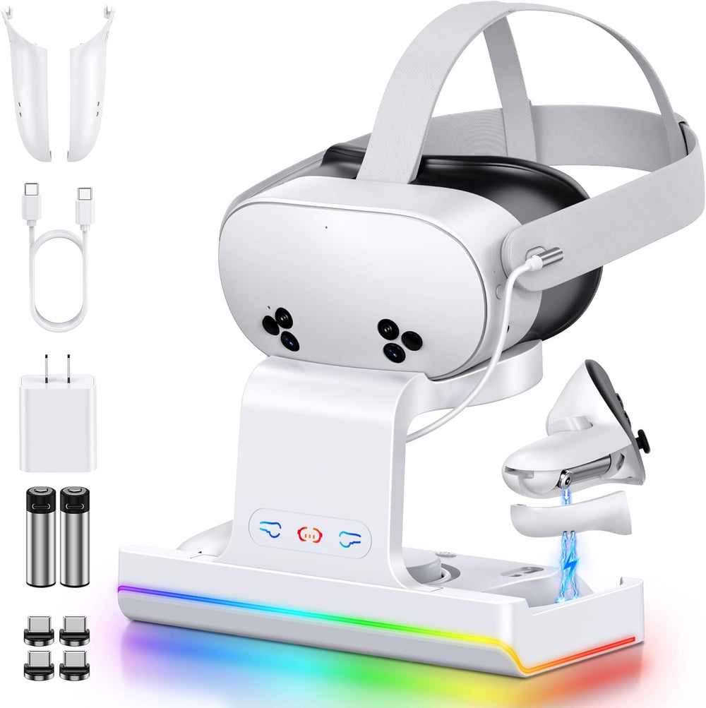 <h2>YUANHOT Dock De Carregamento Para Meta Quest 3 E Quest 3S, Estação De Carregamento Rápido Para Acessórios Oculus Quest 3S/Quest 3 Com Luz Rgb, Suporte Para Vr Heatset Com 2 Baterias Recarregáveis, S</h2>