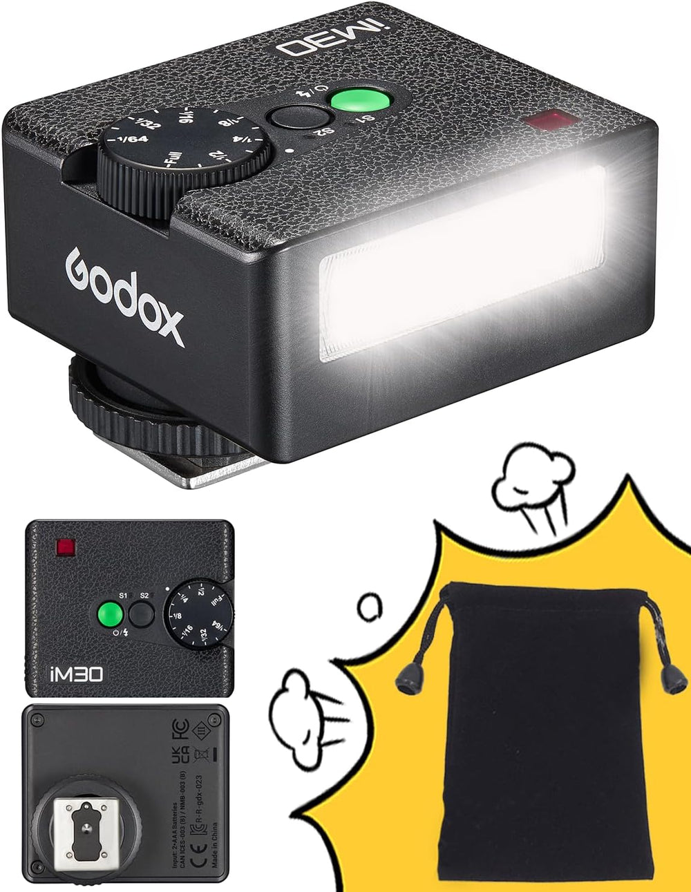 <h2>Godox Flash Godox iM30 Mini Flash - Camera Flash GN 15, 7 Power Levels, IM 30 Mini Manual Flash for Canon/Sony zv1/Sony zve10 /Ricoh gr3/Nikon/Fuji f1-230 Full-Power Flashes/6500K±200K/3.6S Recycle</h2>