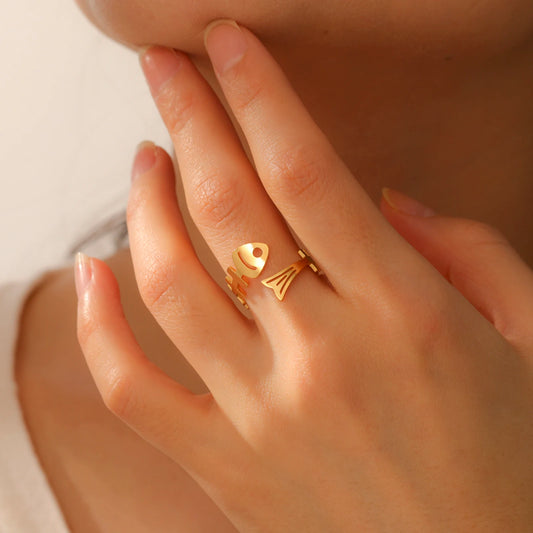 <h2>Anéis Lucktune de Aço Inoxidável – Design Osso de Peixe Boho com Símbolo do Oceano, Cor Ouro para Casais</h2>