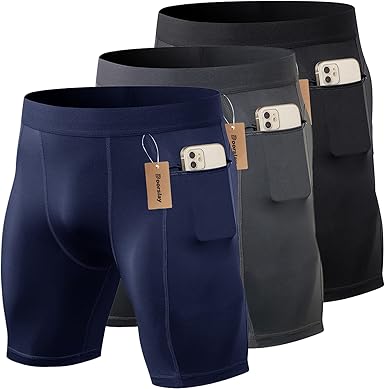 Kit com 3 Shorts Esportivos Masculinos com Cueca de Compressão e Bolso - Tamanho L - Preto
