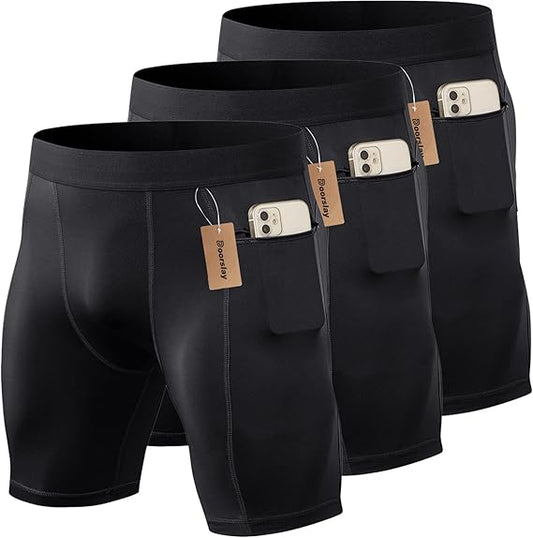 Kit com 3 Shorts Esportivos Masculinos com Cueca de Compressão e Bolso - Tamanho M - Preto