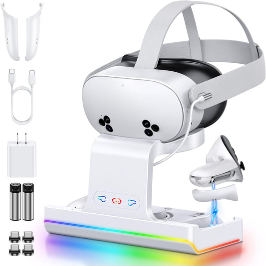 <h2>YUANHOT Dock De Carregamento Para Meta Quest 3 E Quest 3S, Estação De Carregamento Rápido Para Acessórios Oculus Quest 3S/Quest 3 Com Luz Rgb, Suporte Para Vr Heatset Com 2 Baterias Recarregáveis, S</h2>
