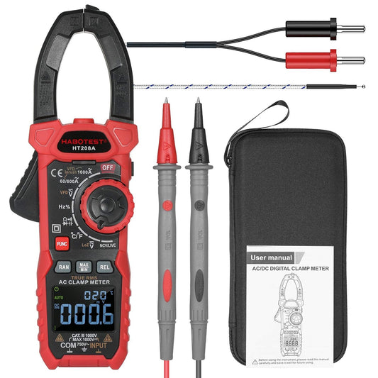 Alicate Amperímetro AC Digital Multímetro True-RMS - Multi-testador com Amp, Volt, Ohm, Diodo, Capacitância, Resistência, Continuidade, NCV, Temperatura, Duty Ratio e Testes VFD