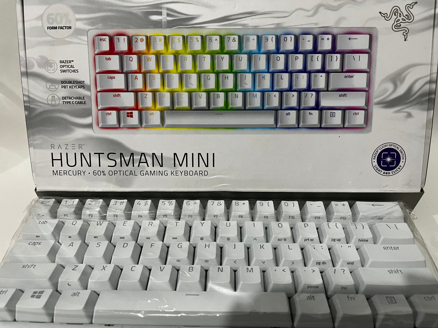 Teclado Mecânico Gamer Razer Huntsman Mini-Click Optical Purple Switch, Mercury Branco - Caixa Aberta - Funcionando 100%