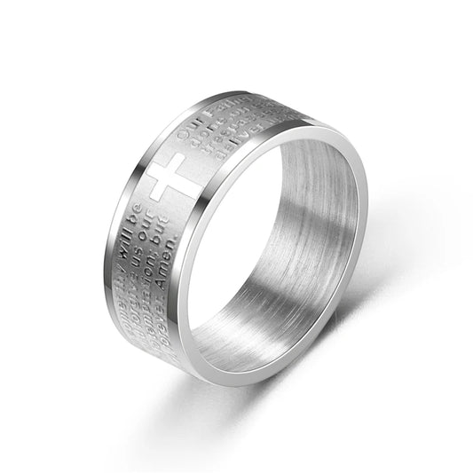 <h2>Anel Cristão em Titânio 8mm – Cruz da Bíblia com Inscrição em Inglês para Homens e Mulheres</h2>