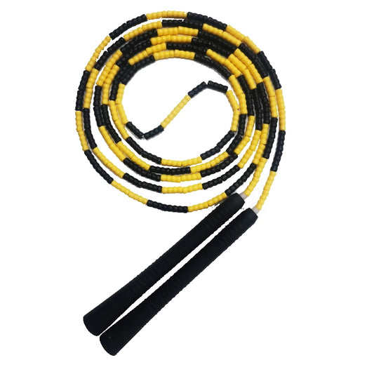 <h2>Corda de Pular NEVERTOOLATE com Contas de PVC – Amarela e Preta, 3m de Comprimento</h2>