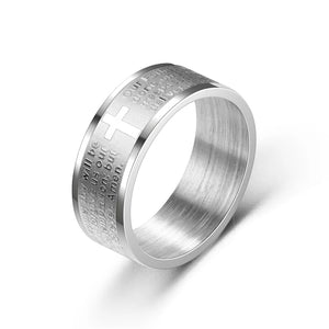 <h2>Anel Cristão em Titânio 8mm – Cruz da Bíblia com Inscrição em Inglês para Homens e Mulheres</h2>