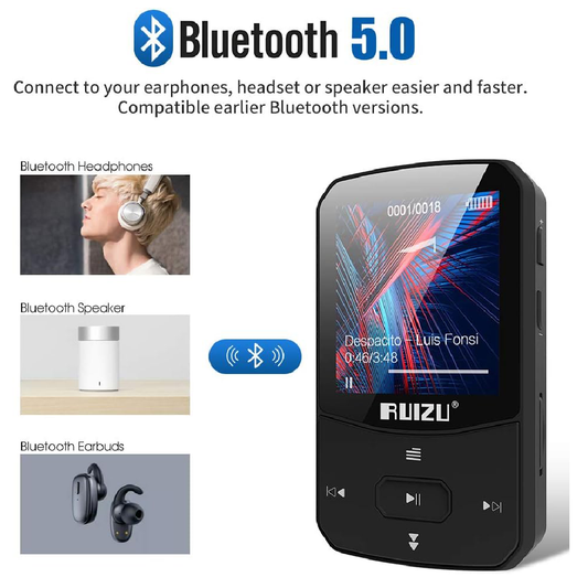 Reprodutor de Música MP3 Clip com Bluetooth 5.0, 16GB, Som Lossless, FM, Gravador de Voz, Vídeo e Fones de Ouvido - Vermelho