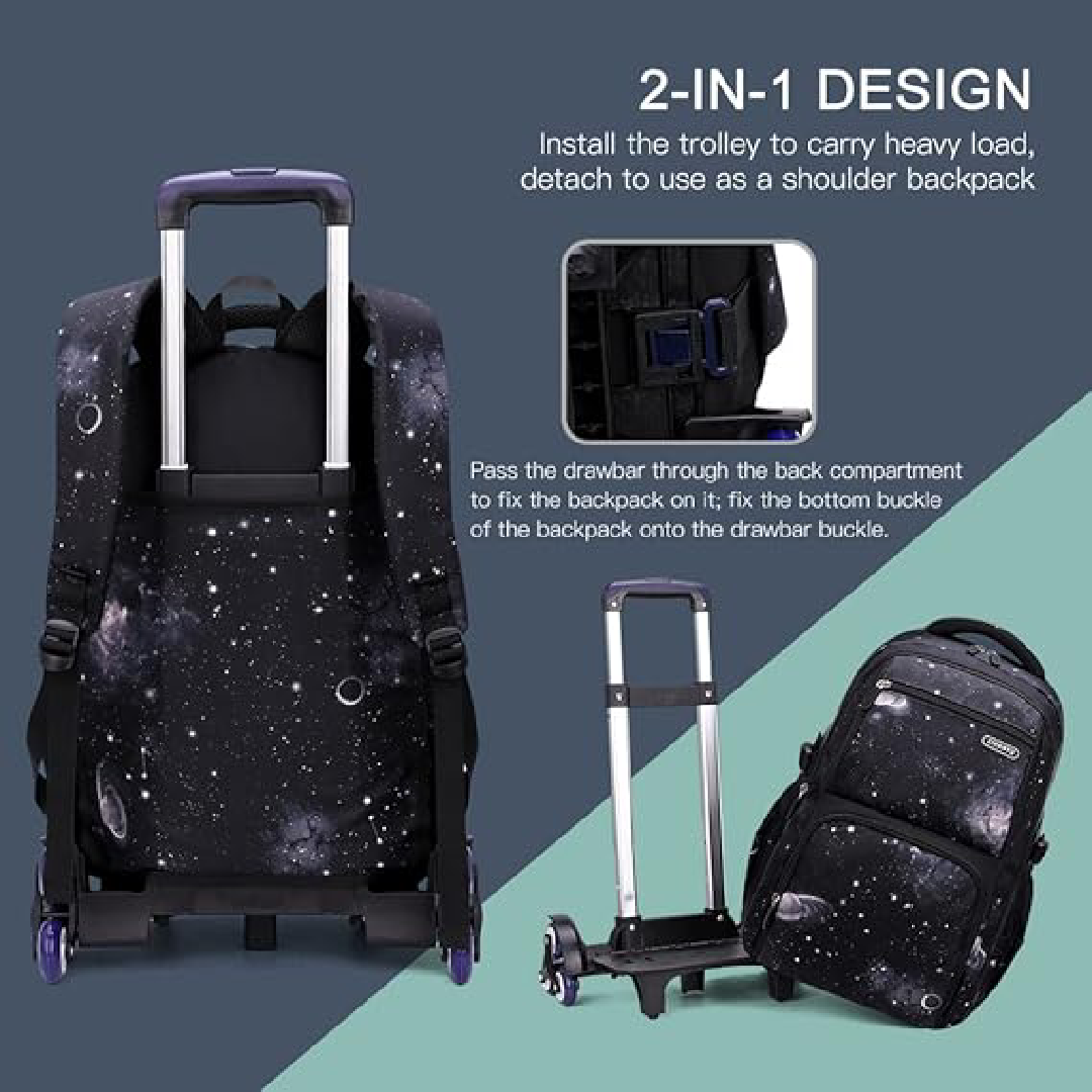Mochila Escolar Infantil com Rodinhas e Lancheira - Estampa Céu Estrelado Preto e Azul