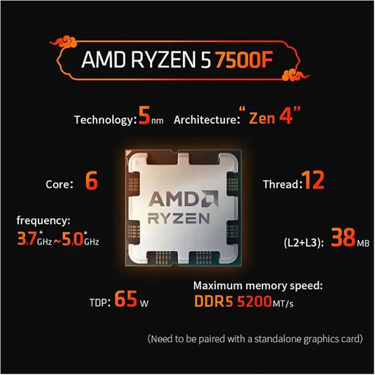 Processador AMD Ryzen 5 7500F 3.7GHz 6-Core 12-Thread Soquete AM5