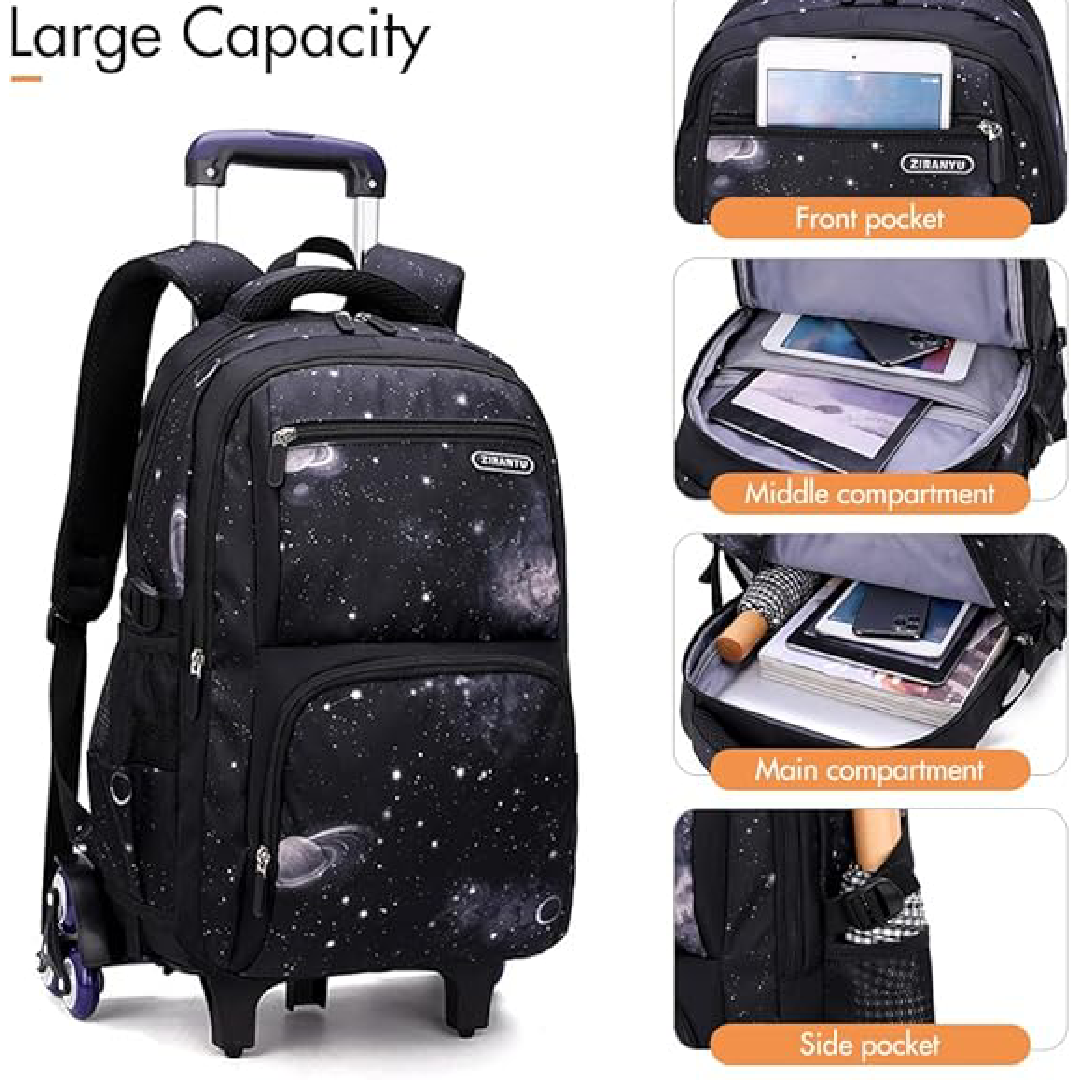 Mochila Escolar Infantil com Rodinhas e Lancheira - Estampa Céu Estrelado Preto e Azul