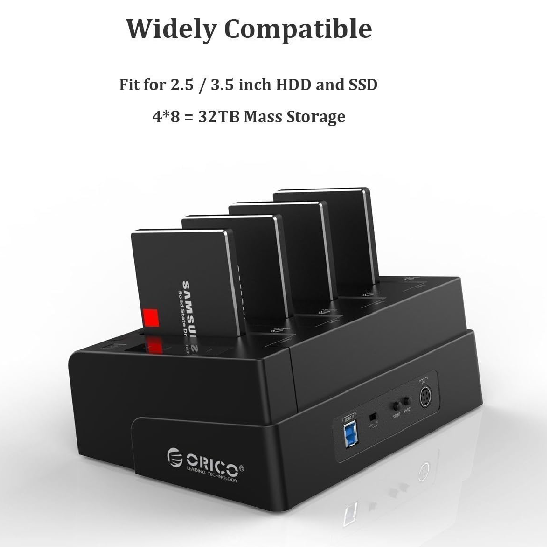 Dock Station ORICO 6648US3-C-V1-US-BK com 4 Entradas SATA 2.5" e 3.5" - Função Clone Offline