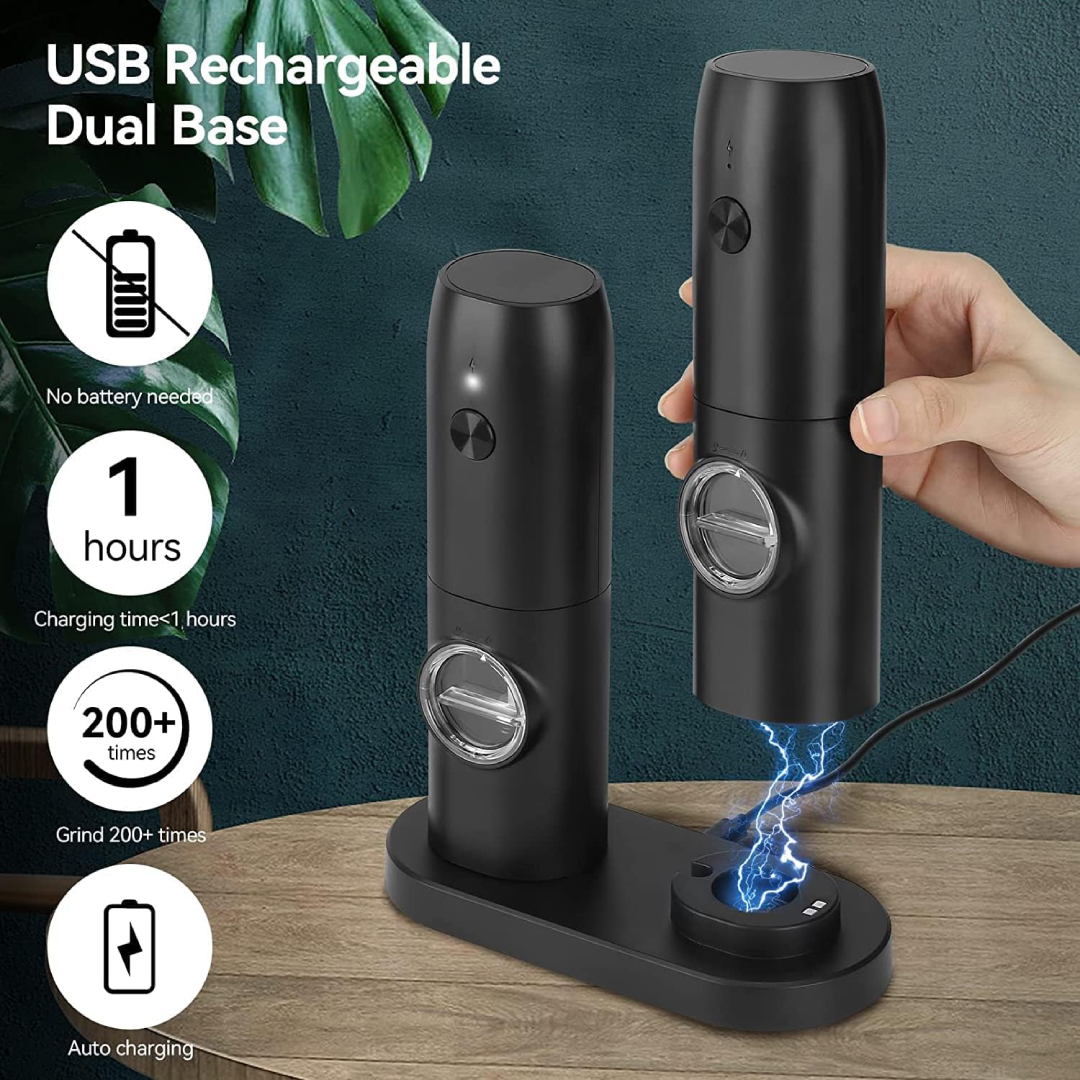 Conjunto de Moedores Elétricos de Sal e Pimenta com Base Recarregável USB