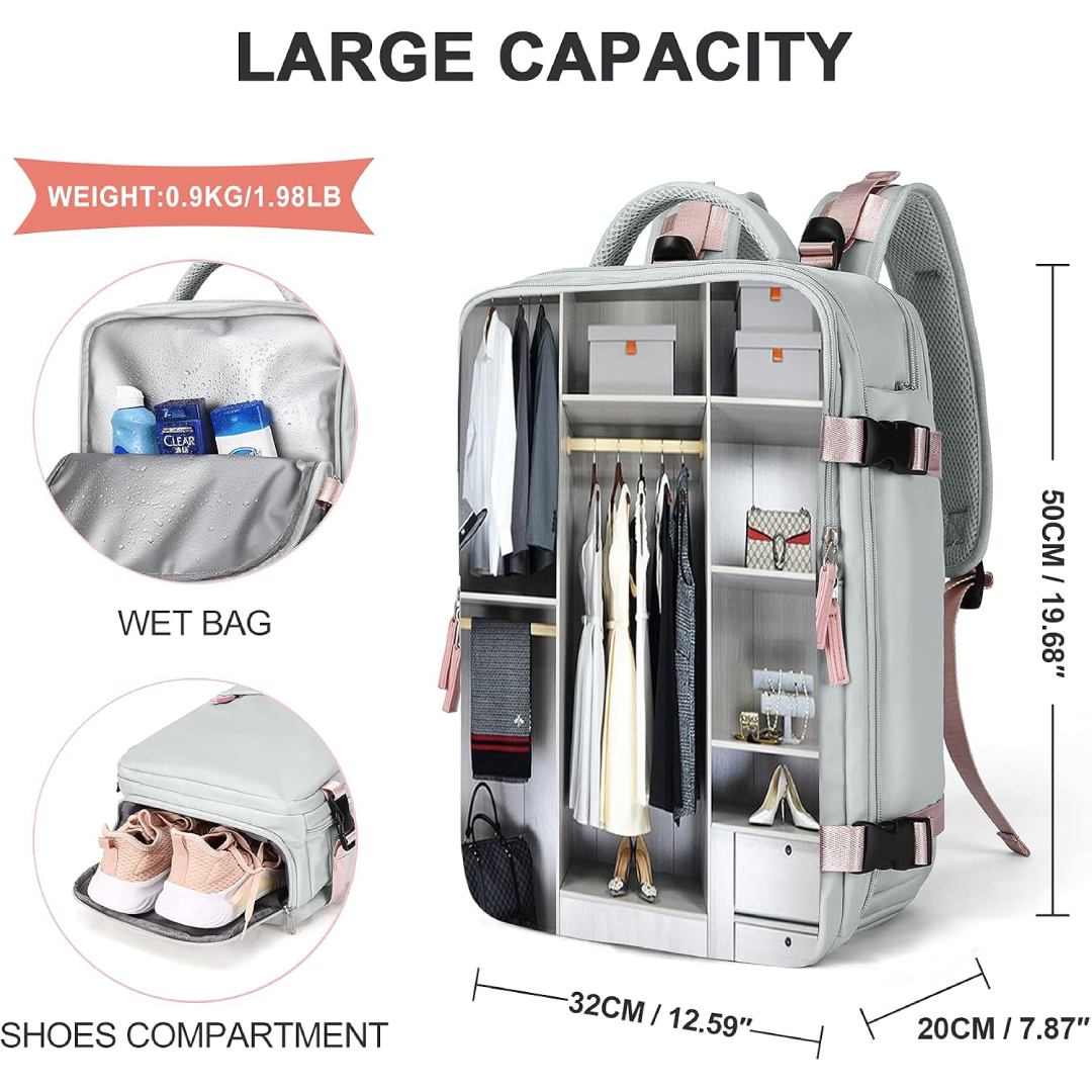 Mochila de Viagem Feminina Impermeável com Compartimento para Notebook e Sapatos - Cinza