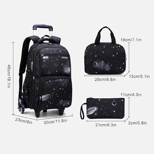 Mochila Escolar Infantil com Rodinhas e Lancheira - Estampa Céu Estrelado Preto e Azul