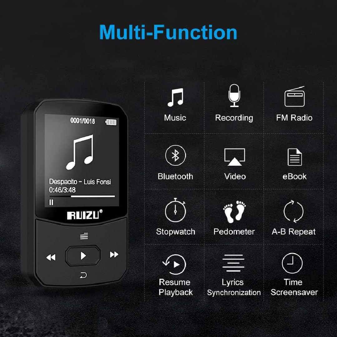 Reprodutor de Música MP3 Clip com Bluetooth 5.0, 16GB, Som Lossless, FM, Gravador de Voz, Vídeo e Fones de Ouvido - Vermelho