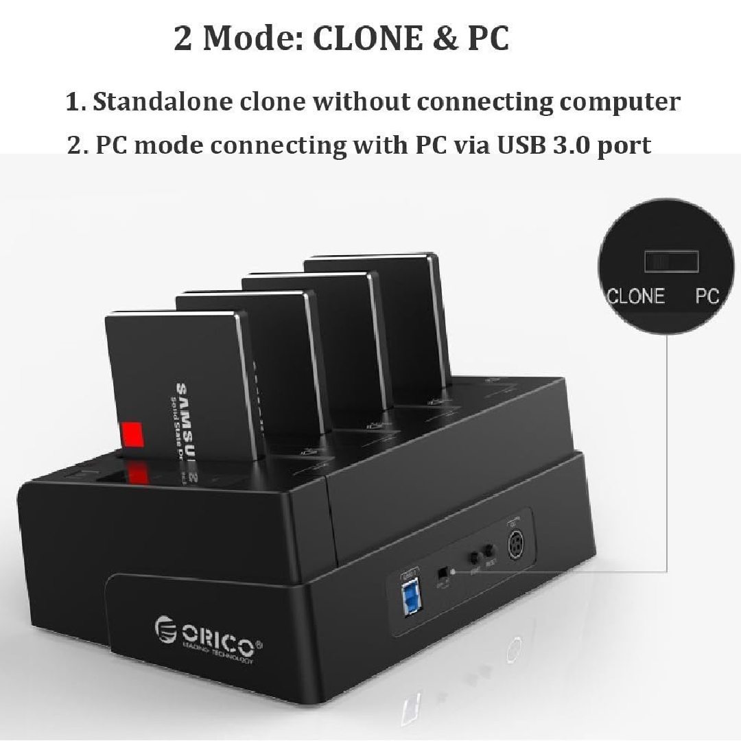 Dock Station ORICO 6648US3-C-V1-US-BK com 4 Entradas SATA 2.5" e 3.5" - Função Clone Offline