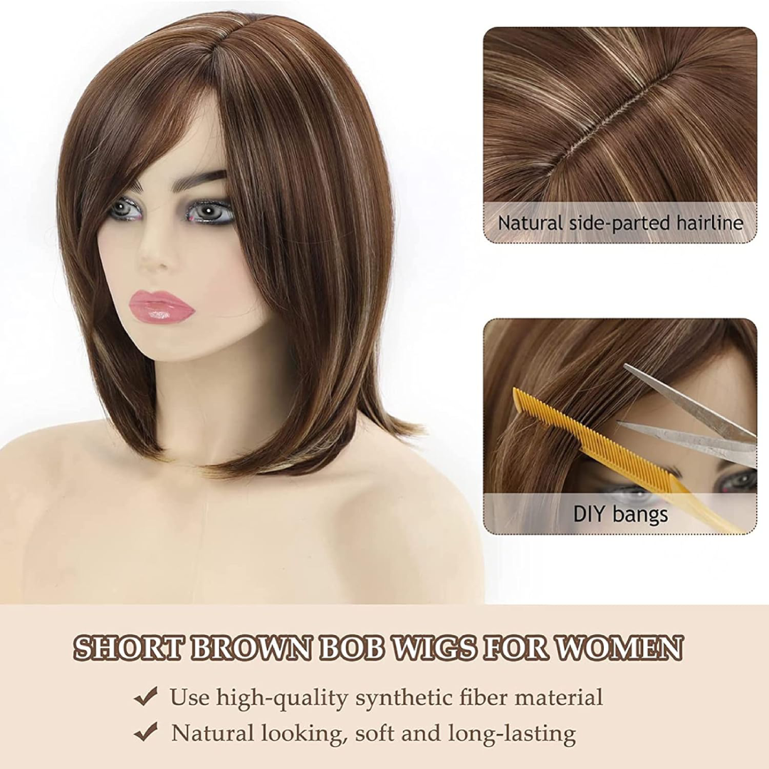 Peruca Feminina de Fibra Sintética Alta Qualidade - Cabelo Curto com Lace Marrom