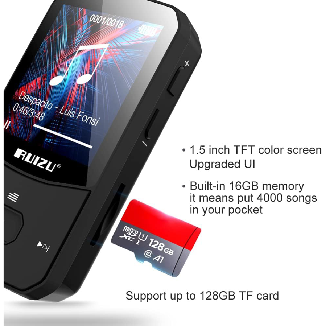 Reprodutor de Música MP3 Clip com Bluetooth 5.0, 16GB, Som Lossless, FM, Gravador de Voz, Vídeo e Fones de Ouvido - Vermelho