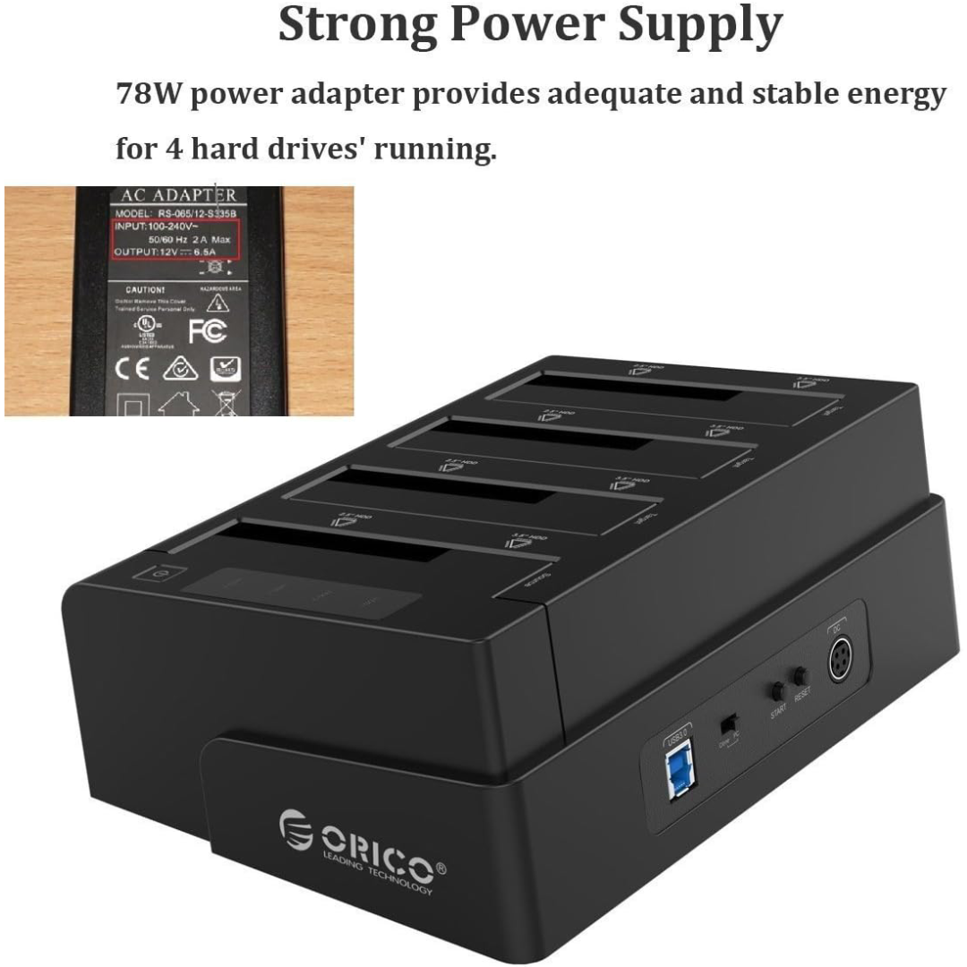 Dock Station ORICO 6648US3-C-V1-US-BK com 4 Entradas SATA 2.5" e 3.5" - Função Clone Offline