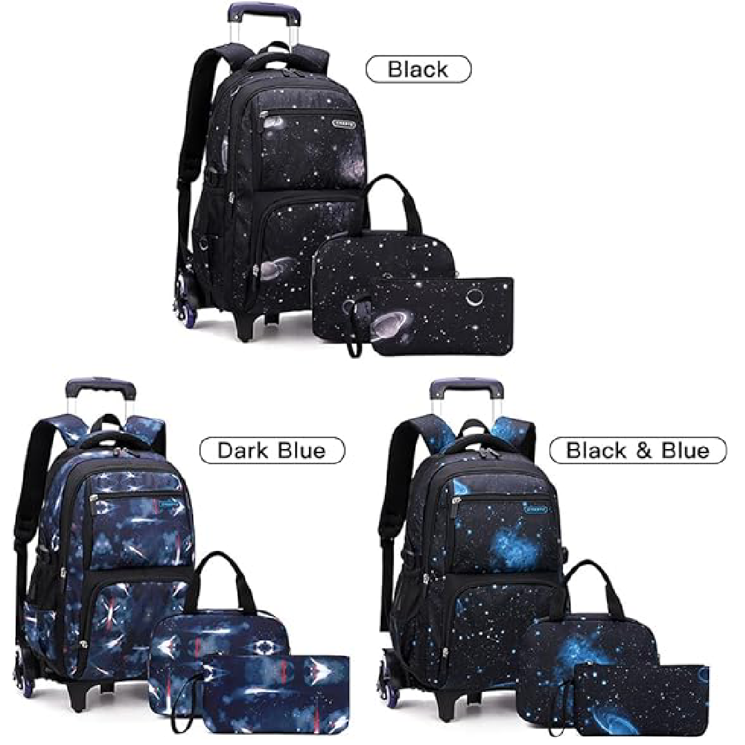 Mochila Escolar Infantil com Rodinhas e Lancheira - Estampa Céu Estrelado Preto e Azul