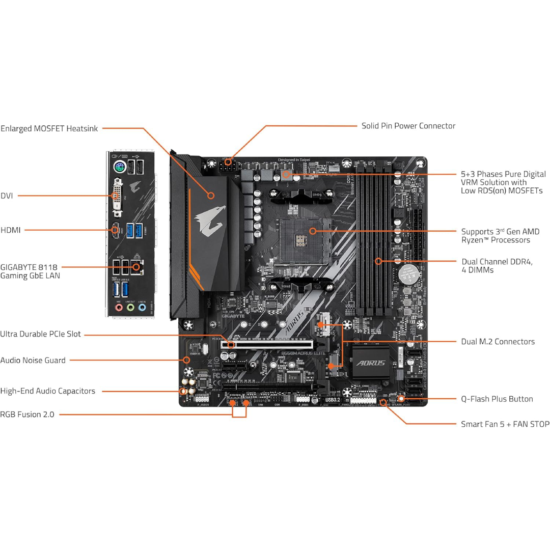 Placa-Mãe GIGABYTE B550M AORUS Elite AM4, DDR4, PCIe 4.0, M.2, RGB, Micro-ATX