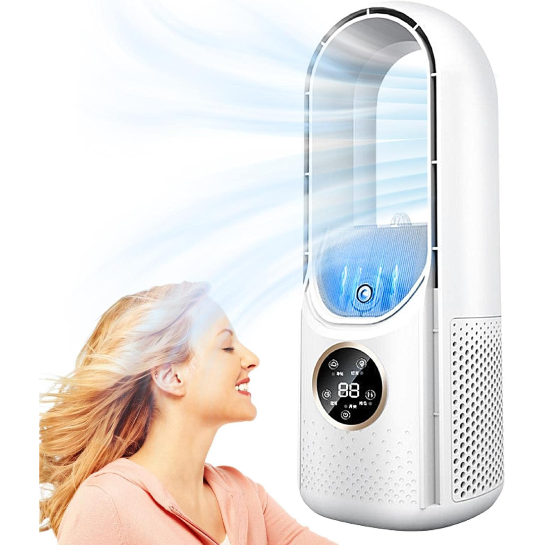 Torre Ventilador Sem Lâminas com Filtro Umidificante, Display LED, 6 Velocidades, Temporizador de 8H, Super Silencioso, Fácil de Limpar, Economizador de Espaço