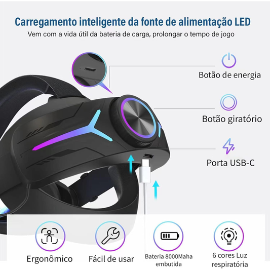 Faixa de Cabeça Elite com Bateria 8000mAh e Luzes para Meta Quest 2 - Branco