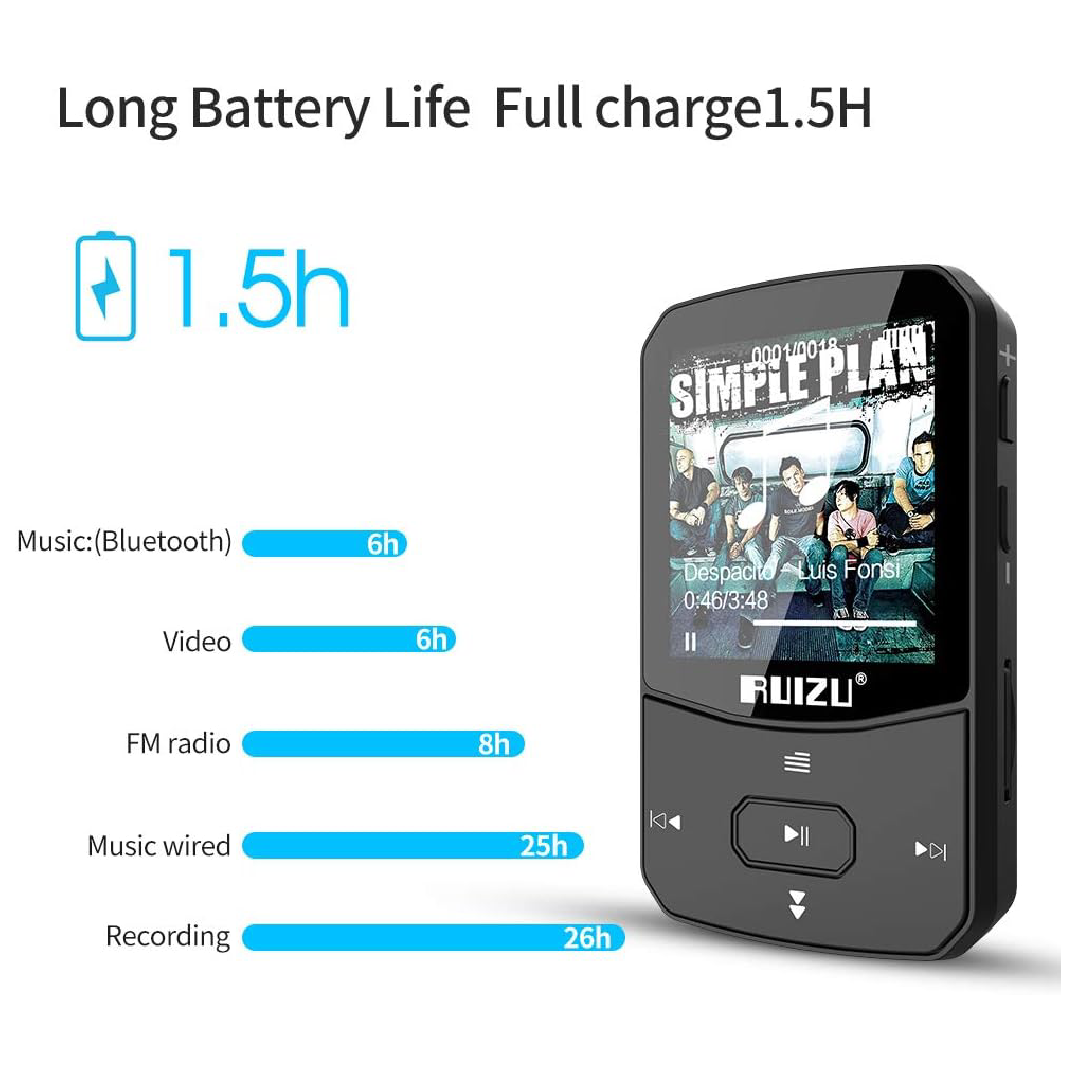 Reprodutor de Música MP3 Clip com Bluetooth 5.0, 16GB, Som Lossless, FM, Gravador de Voz, Vídeo e Fones de Ouvido - Vermelho