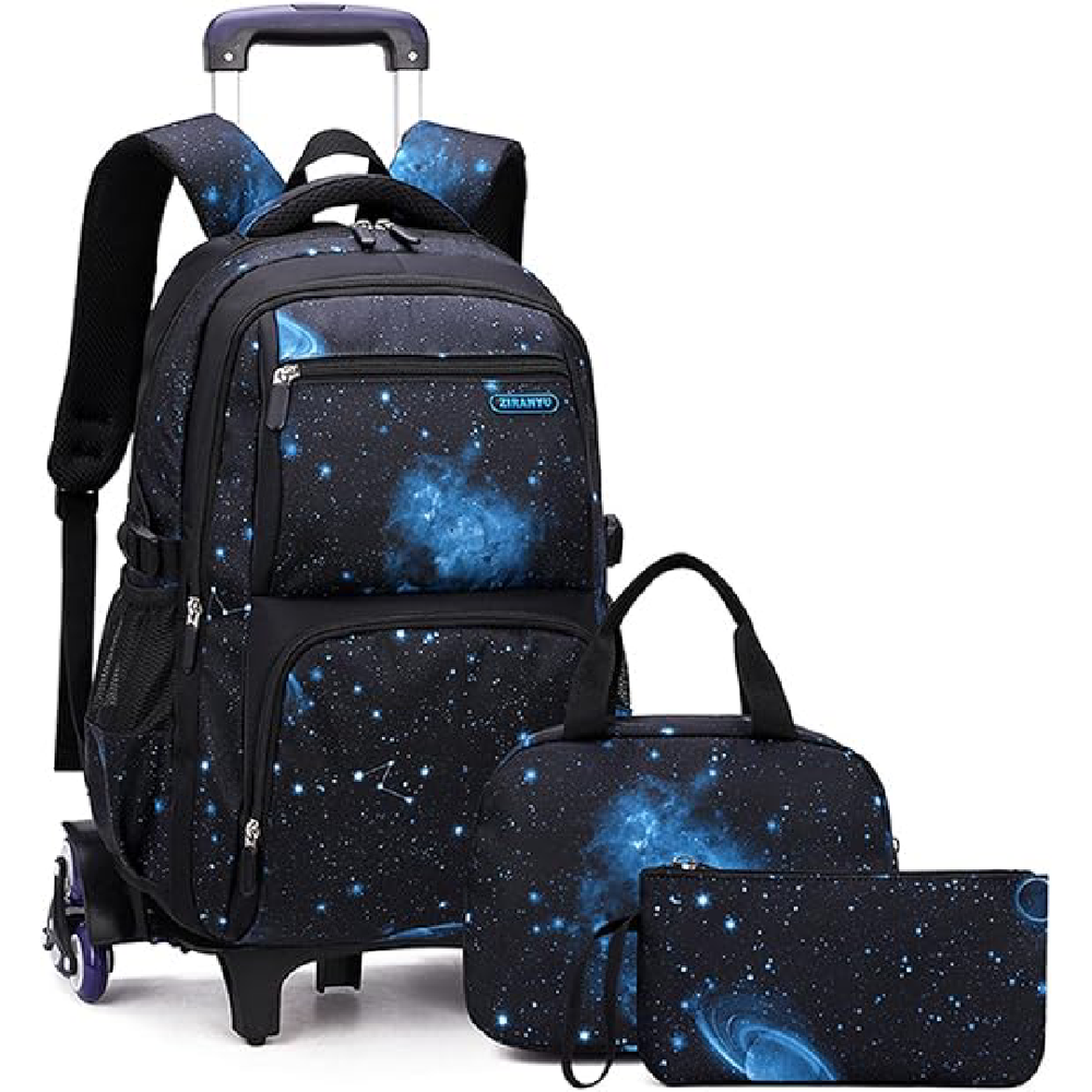 Mochila Escolar Infantil com Rodinhas e Lancheira - Estampa Céu Estrelado Preto e Azul