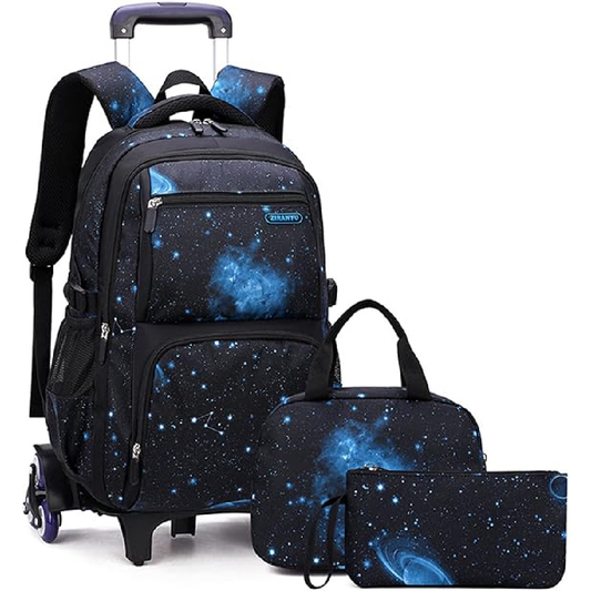 Mochila Escolar Infantil com Rodinhas e Lancheira - Estampa Céu Estrelado Preto e Azul