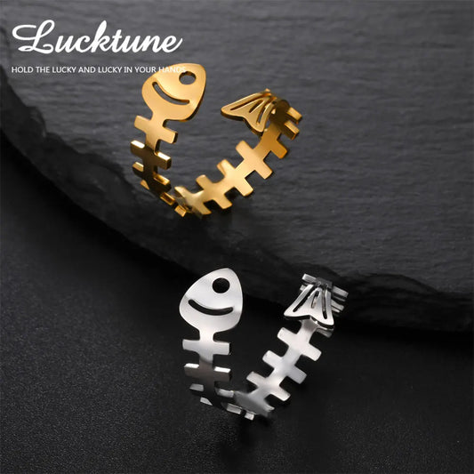 <h2>Anéis Lucktune de Aço Inoxidável – Design Osso de Peixe Boho com Símbolo do Oceano, Cor Ouro para Casais</h2>