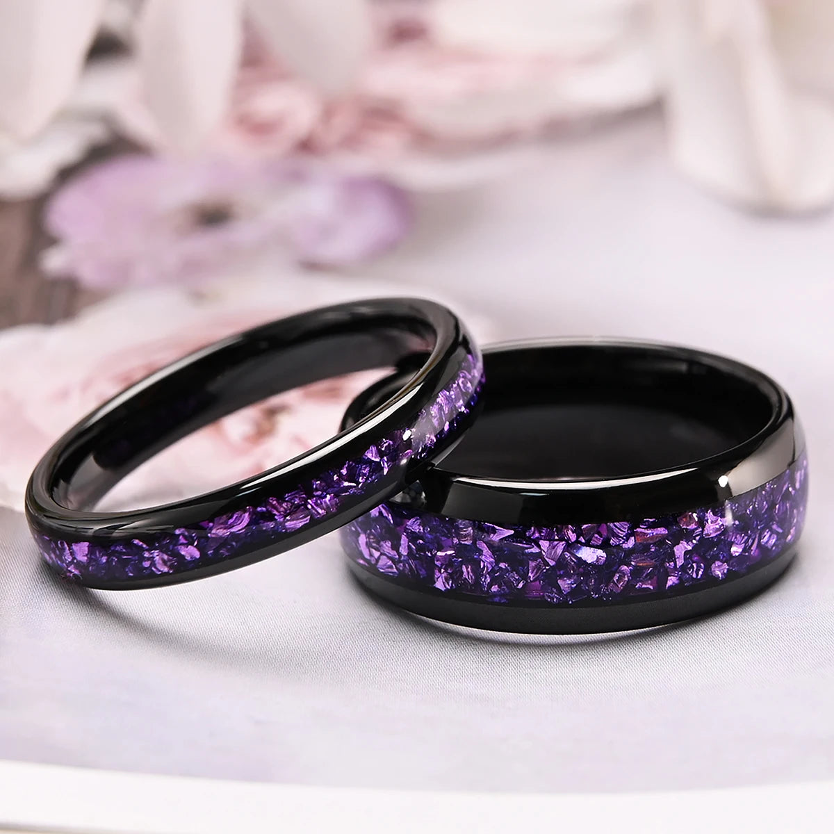 <h2>Anel de Carboneto de Tungstênio com Ametista – 6mm e 8mm, Ideal para Casamento, Noivado e Presente</h2>