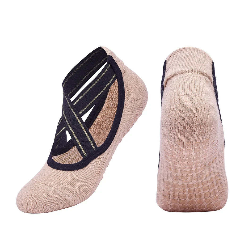 <h2>Meias Soquete Antiderrapantes para Yoga Feminino – Algodão Respirável com Costas Cruzadas para Dança, Pilates e Fitness</h2>