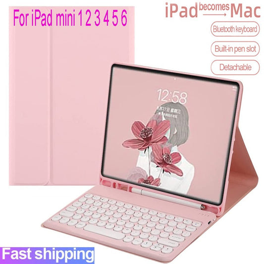 Capa com Teclado para Apple iPad Mini 1 2 3 4 5 6 Botão Redondo Capa de Teclado Sem Fio Bluetooth com Suporte para Lápis